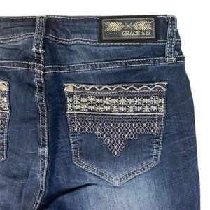 Grace in LA Easy Fit Jeans Womens Sz 27 (28 x 29) Embroidered Mid Rise Dark Wash